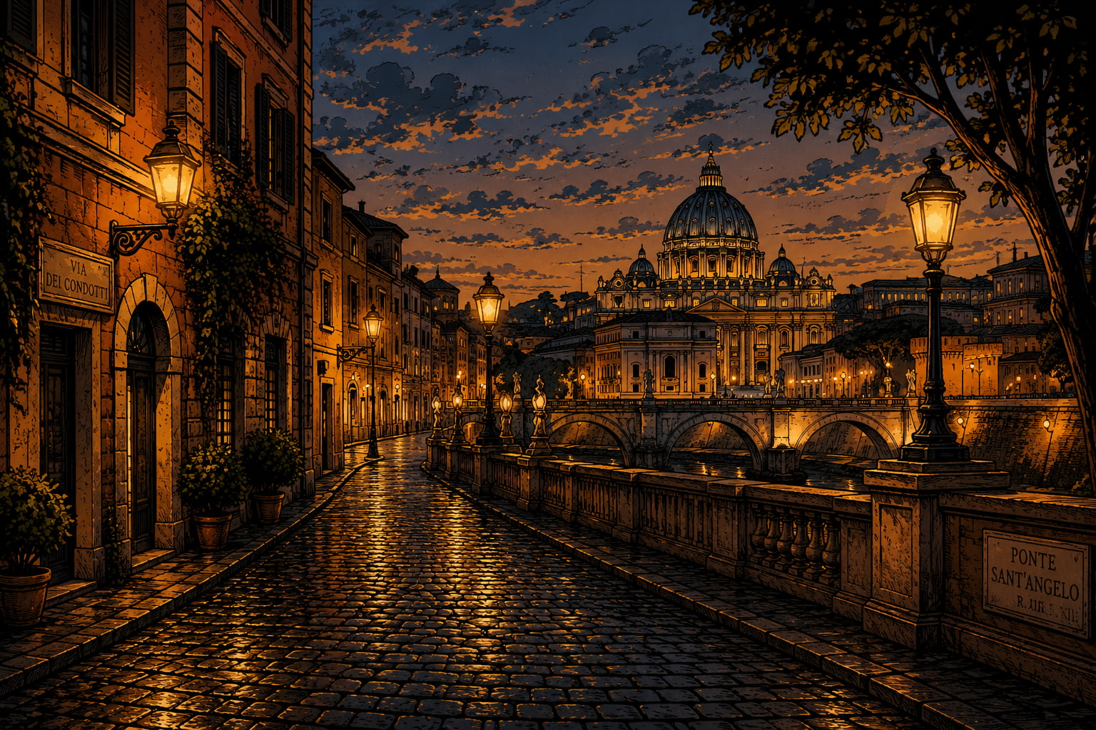 Vintage illustrated Rome street scene